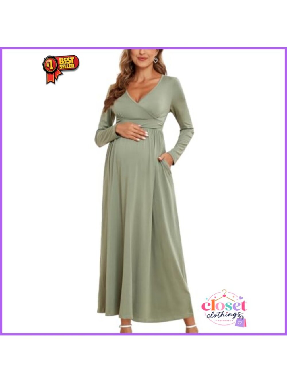 Maternity Maxi Dress Long Sleeve Wrap V Neck with Pockets